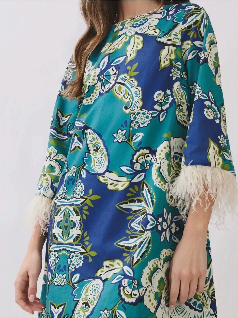 LOVE! Feather Trim Cuffed Jewel Tone Paisley Shift Dress Sz S M L Tuckernuck - Picture 2 of 8